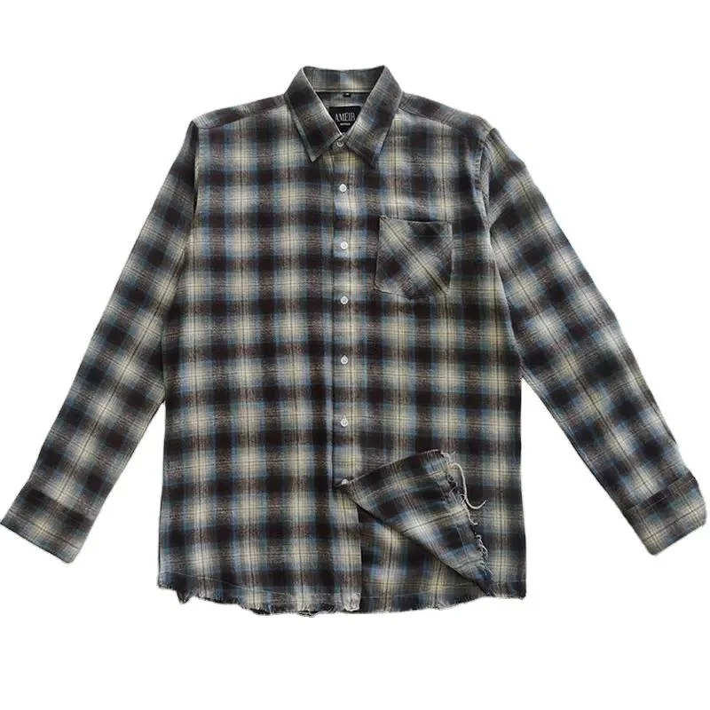 Latest Streetwear Cotton Custom Logo Printed Vintage Distressed Raw Hem Mens Plaid Flannel Shirt Printing