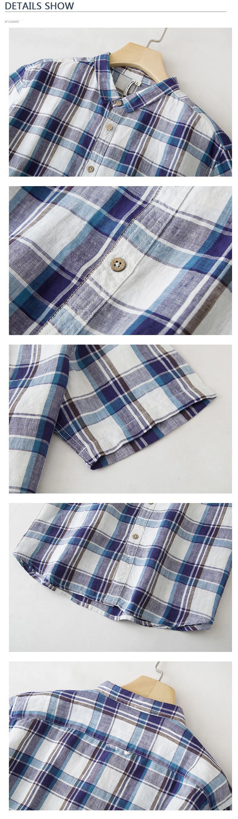 Wholesale Men&prime;s Plaid Linen Cotton Slim Fit Spring Autumn Male Casual Branded Short Sleeved Shirts