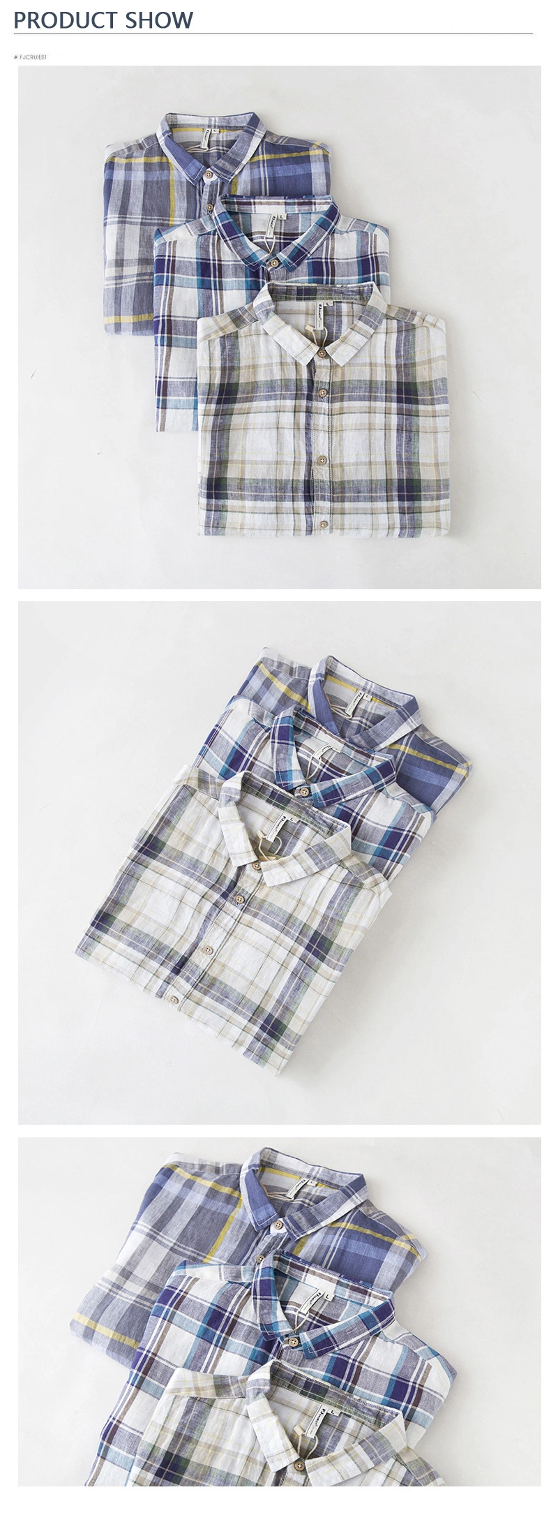 Wholesale Men&prime;s Plaid Linen Cotton Slim Fit Spring Autumn Male Casual Branded Short Sleeved Shirts