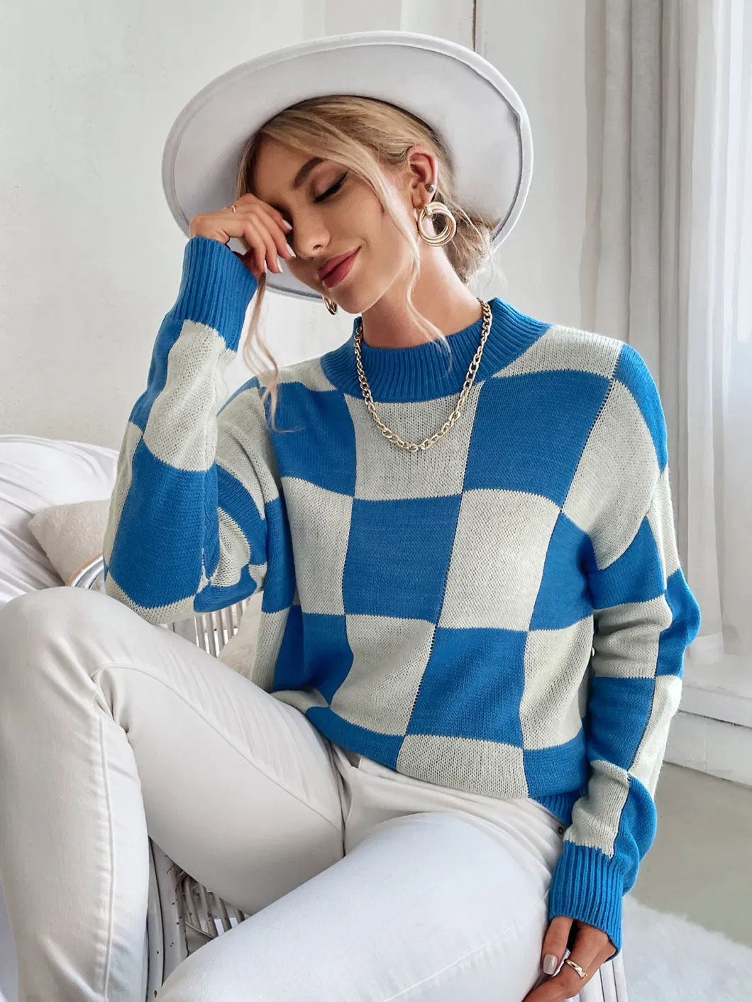 Checkerboard Plaid Sweater Women&prime; S Loose Pullover Explosion Style European and American Knitted Base Shirt